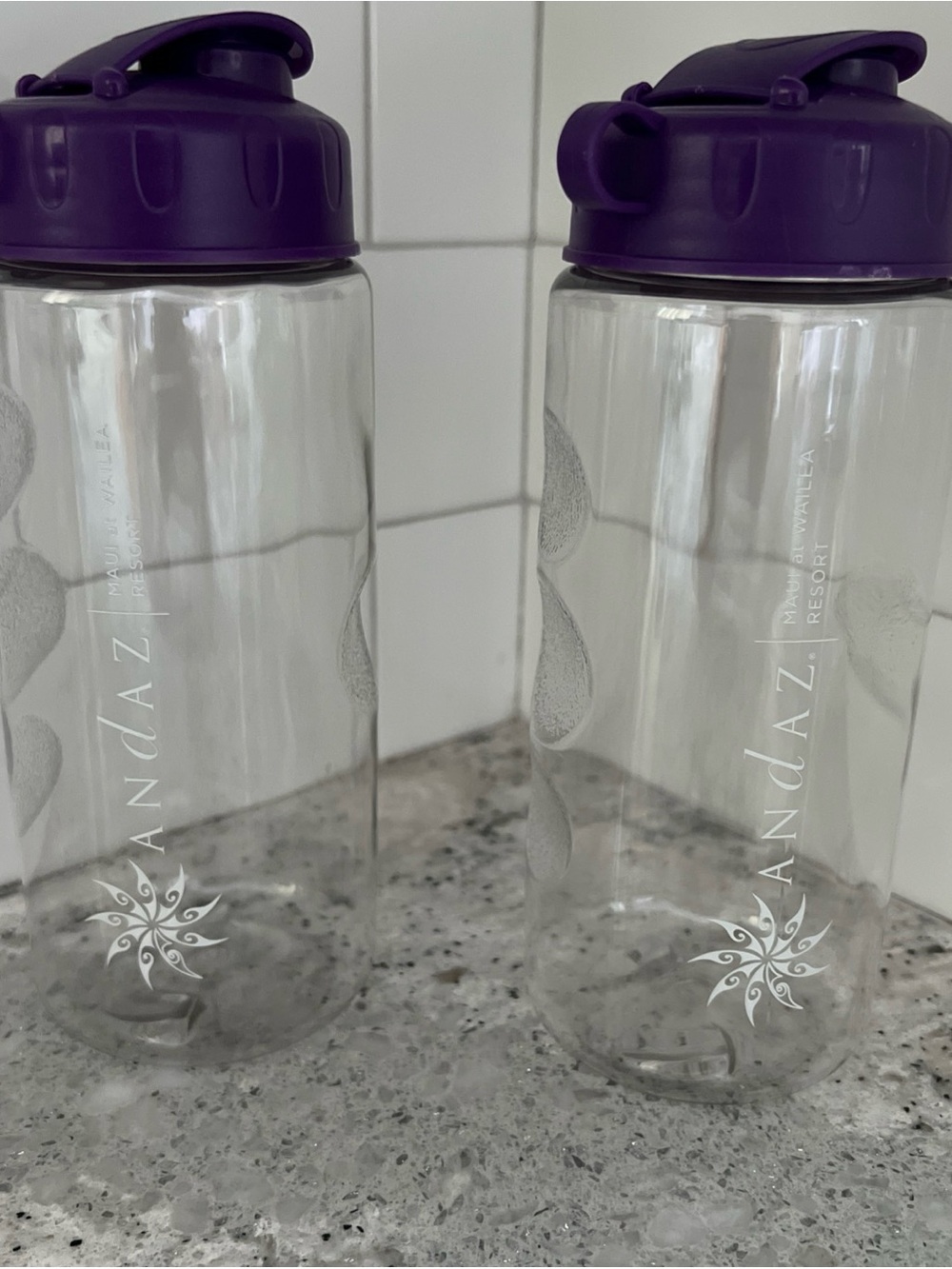 Andaz Maui Resort Clear Water Bottle with Purple Lid (Set of 2)